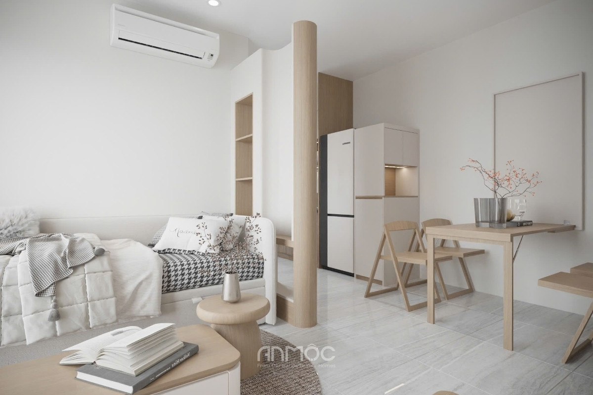 Góc nhìn từ phòng khách hướng vào khu vực bếp chung cư Bcons Polaris 49m2