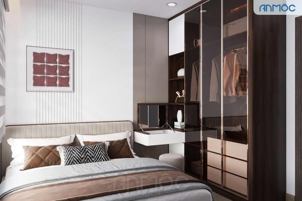 Góc phòng ngủ 1 cận cảnh tủ quần áo cánh kính tích hợp bàn trang điểm nhỏ gọn, giúp tối ưu không gian