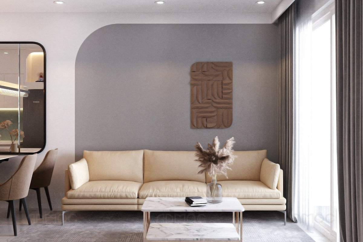 Góc sofa bàn trà kết hợp mảng tường tạo điểm nhấn tinh tế trong không gian phòng khách