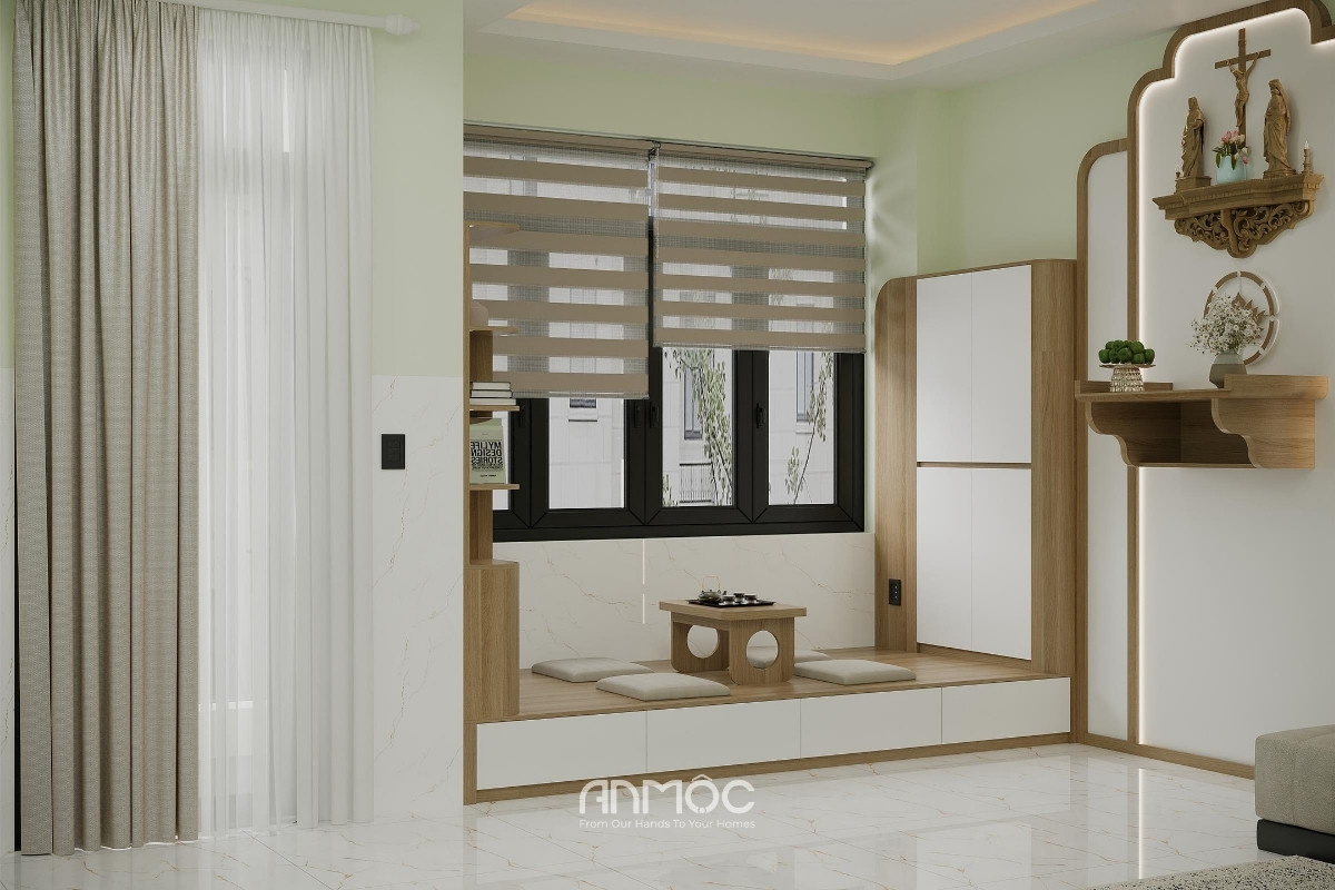 Góc trà đạo nhỏ đặt gần cửa sổ giúp không gian trở nên thư thái hơn, đồng thời mang thiên nhiên đến gần với nhịp sống hằng ngày