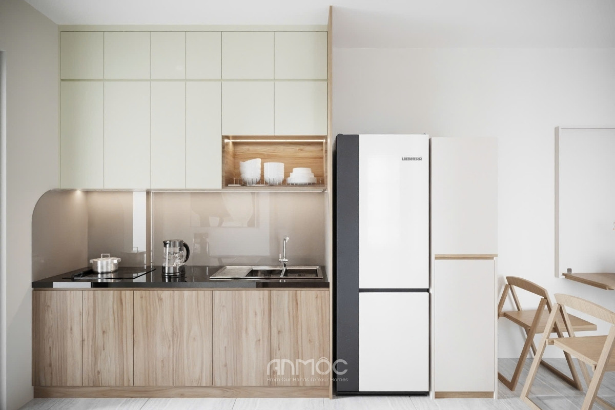 Hệ tủ bếp chữ I được thiết kế gọn gàng, đầy đủ tiện nghi và tối ưu công năng cho sinh hoạt hằng ngày