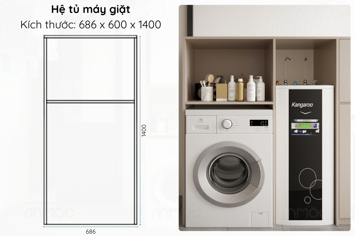 Hệ tủ máy giặt được thiết kế tích hợp với kệ để đồ, bố trí gọn gàng, tiện dụng