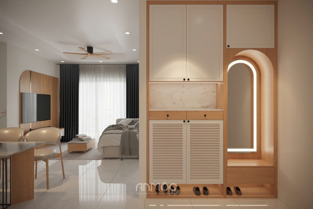 Hướng nhìn từ cửa nhà vào phòng khách căn hộ Saigon Mia 78m2