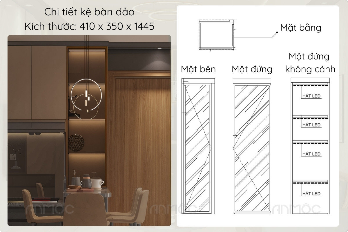 Kệ bàn đảo phòng bếp chung cư Swanbay được thiết kế gọn gàng và hiện đại