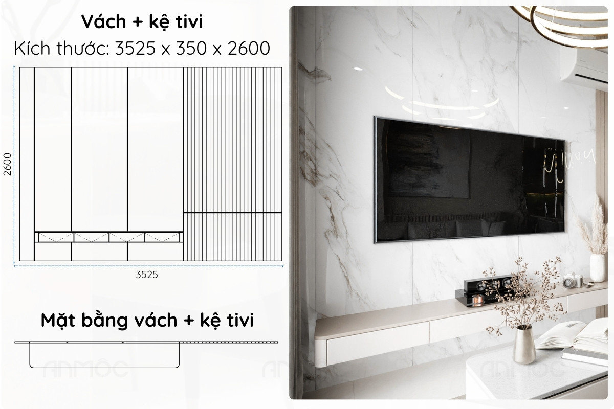 ệ tivi phối màu trắng kem nhã nhặn đi cùng vách ốp giả đá sang trọng, mang lại vẻ đẹp hiện đại, tinh tế