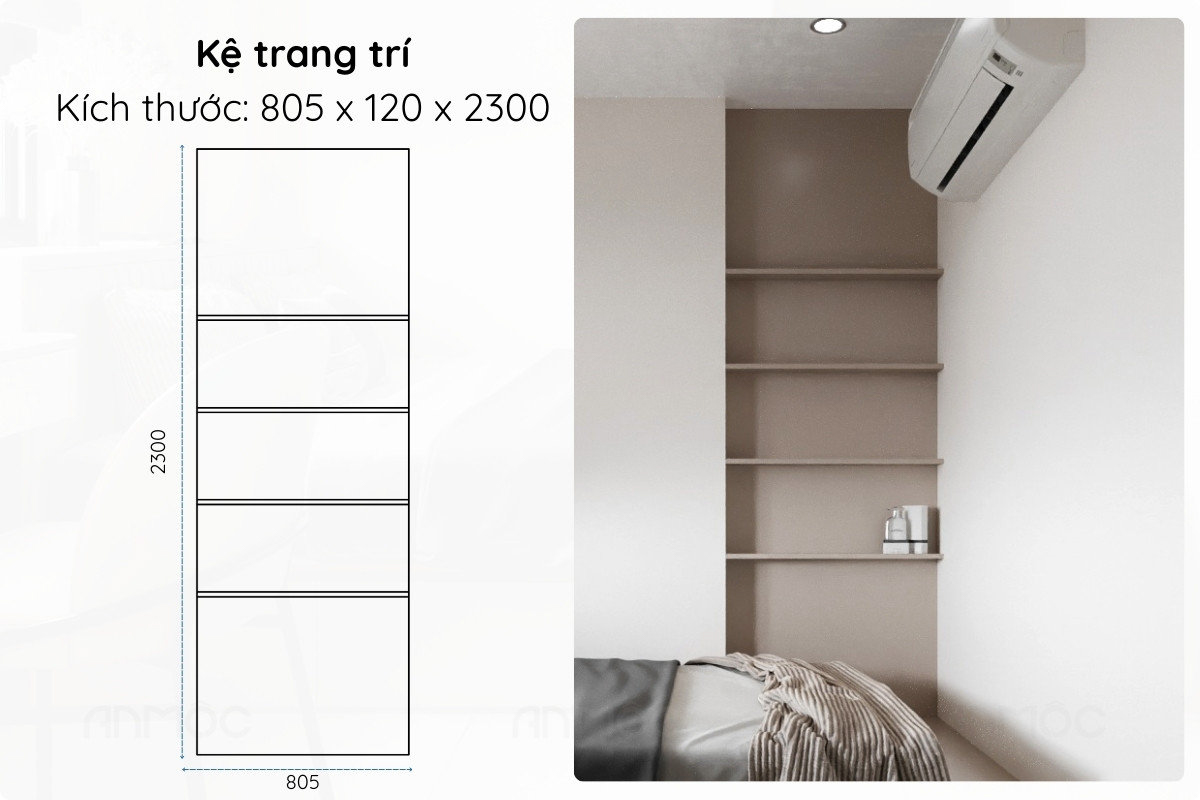 Kệ trang trí âm tường 5 tầng, thiết kế tối giản hài hòa với không gian nghỉ ngơi