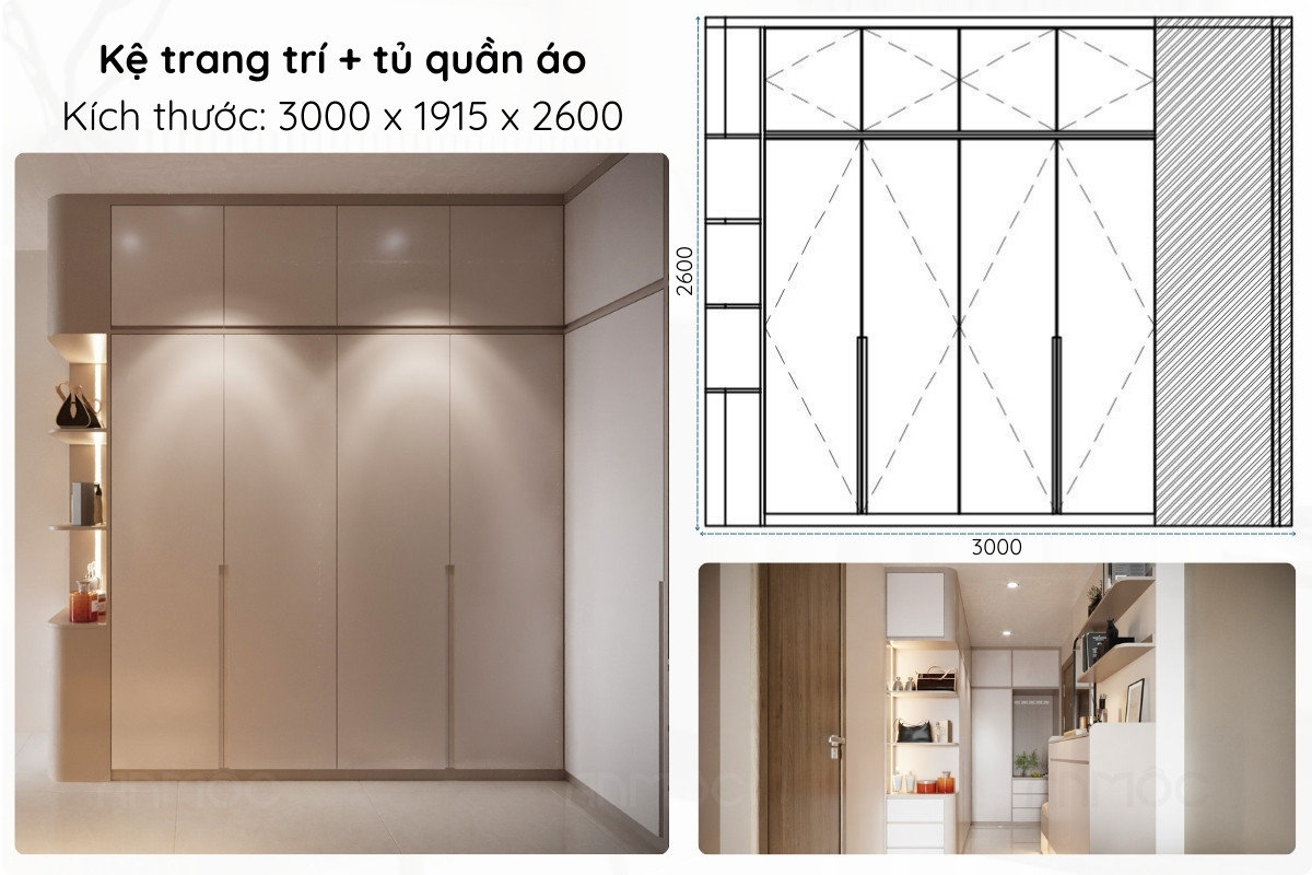 với tủ quần áo được thiết kế kịch trần, bề mặt láng mịn, mang đến tổng thể gọn gàng và sang trọng
