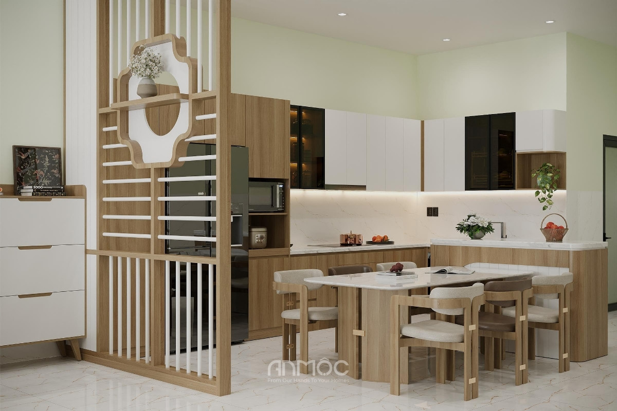 Không gian bếp – ăn nhà phố Hóc Môn 80m2 được liên kết chặt chẽ, mang lại cảm giác ấm cúng và tiện nghi