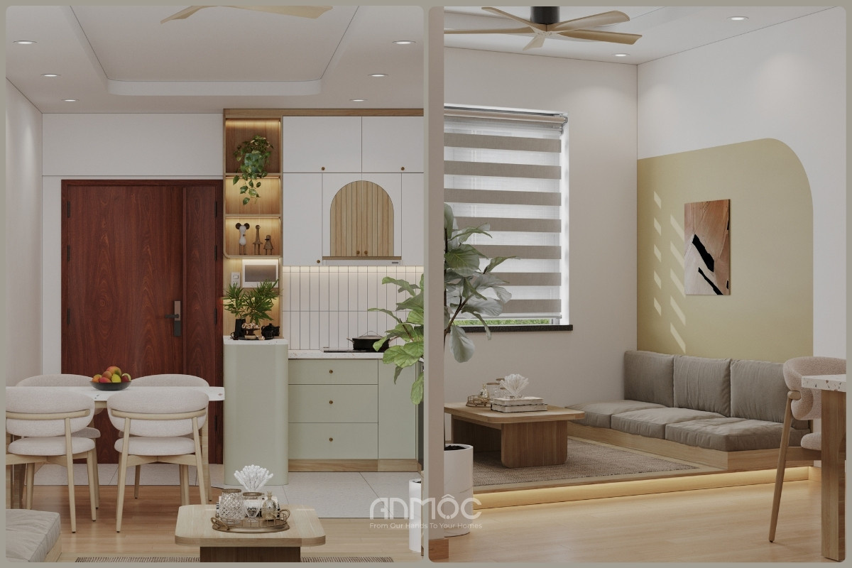 Không gian khách bếp được thiết kế liền mạch tạo sự kết nối và thông thoáng cho căn hộ Topaz Home 67m2_An Mộc