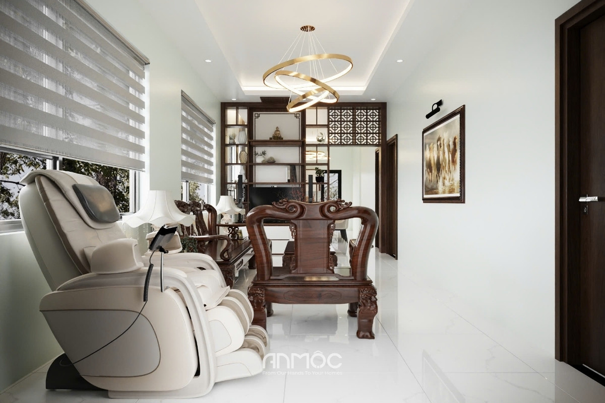 Không gian phòng khách mang lại cảm giác thư giãn nhờ sự cân bằng giữa thẩm mỹ và công năng