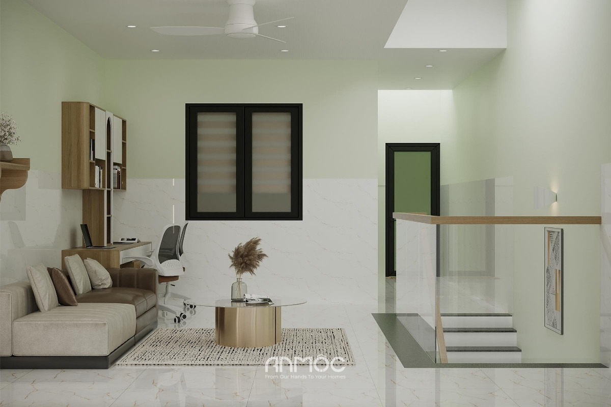 Không gian sinh hoạt chung tầng 1 mang phong cách nhẹ nhàng, thoải mái khi làm việc và thư giãn