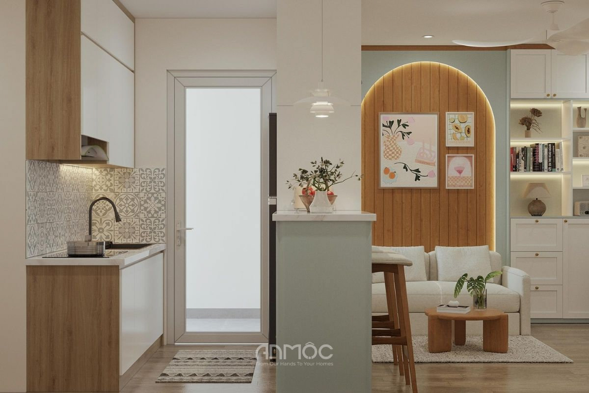 Khu bếp nhỏ gọn kết hợp phòng khách, quầy bar phân tách không gian