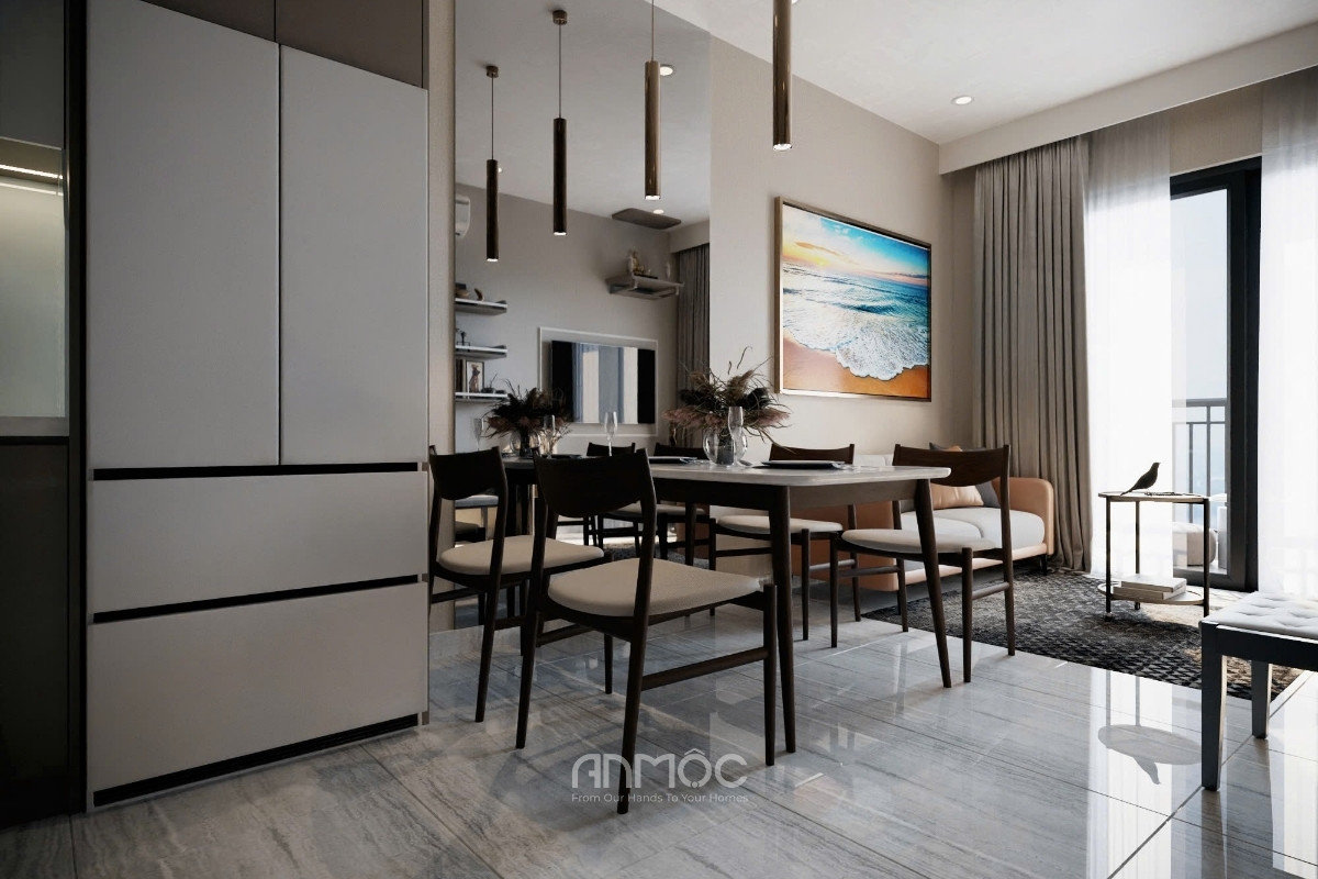 Khu vực ăn uống rộng rãi với bàn ăn lớn, ghế bọc nệm và đèn treo trần dọc, tạo không gian sang trọng và hiện đại_An Mộc