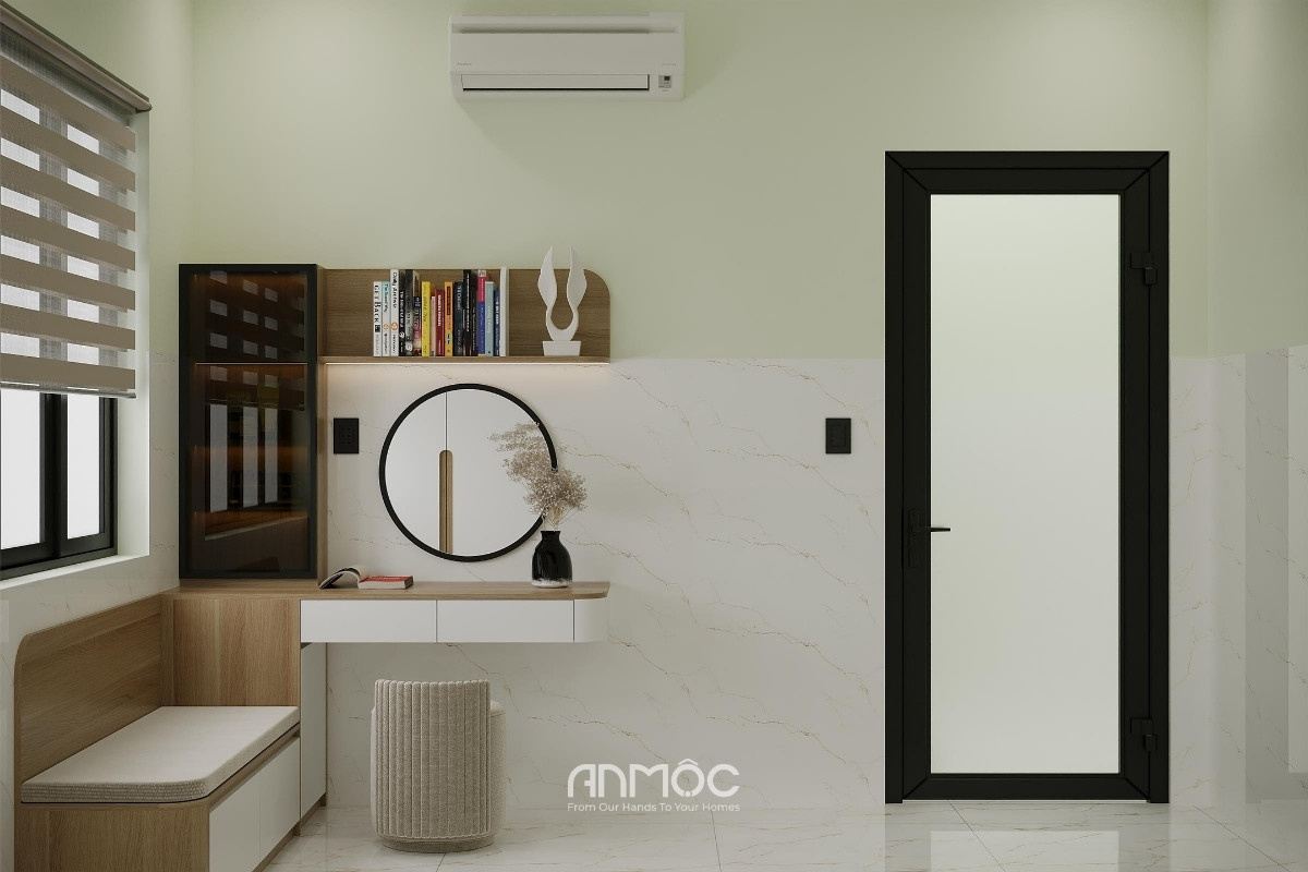 Khu vực bàn trang điểm kết hợp kệ lưu trữ được thiết kế liền mạch, tăng tính tiện nghi khi sử dụng