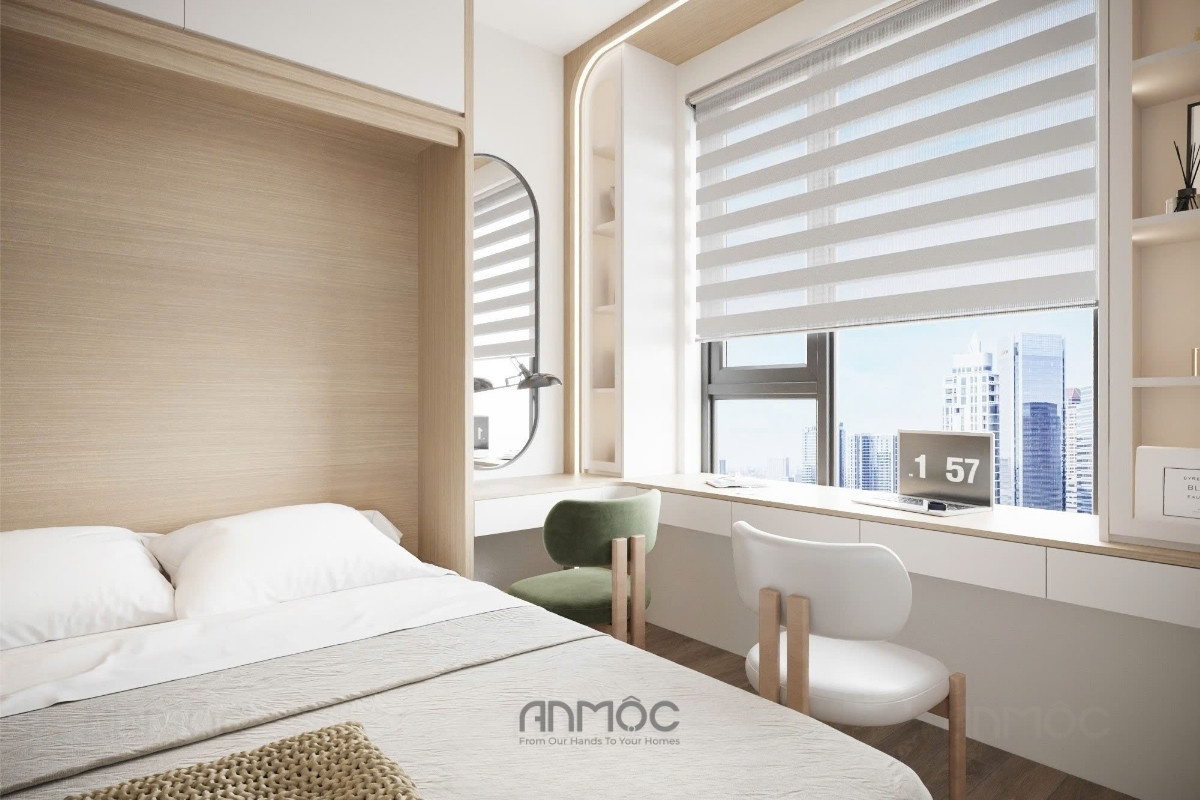 Khu vực làm việc được kết hợp liền mạch với bàn trang điểm, tạo nên sự kết nối và tối ưu không gian cho phòng ngủ căn hộ Bcons Polaris 49m2