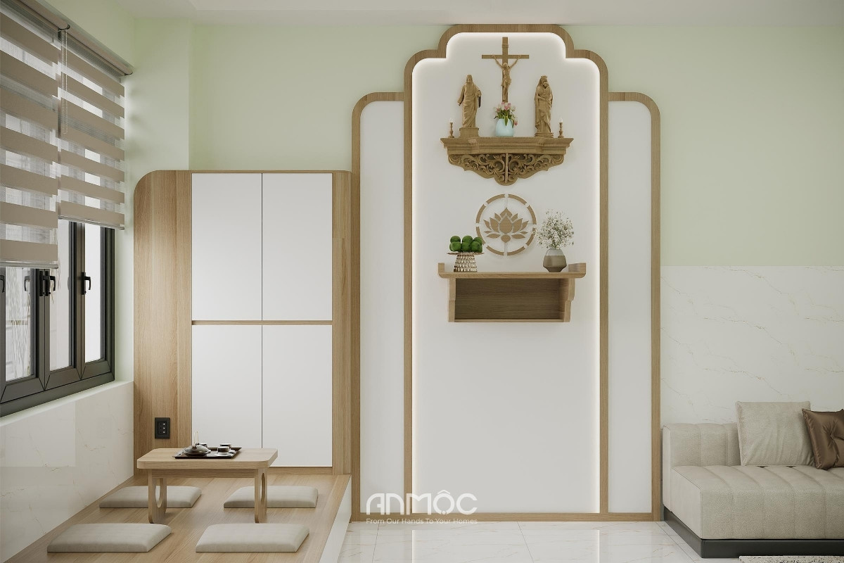 Khu vực thờ nhà phố Hóc Môn 80m2 được thiết kế trang nghiêm, bố trí hợp lý và hài hòa với tổng thể không gian