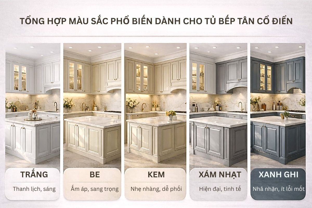Màu sắc phù hợp tủ bếp tân cổ điển
