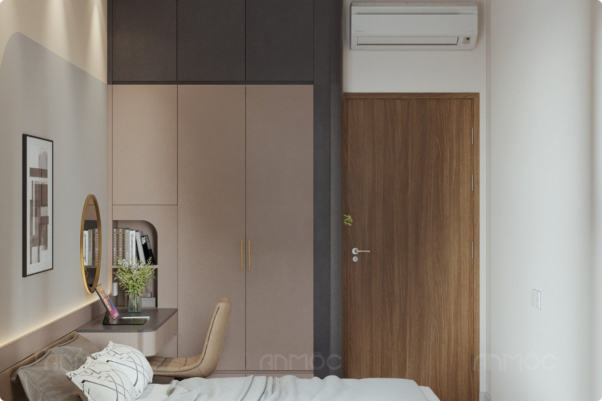 Mẫu tủ quần áo kịch trần màu be tích hợp bàn làm việc và kệ sách thông minh