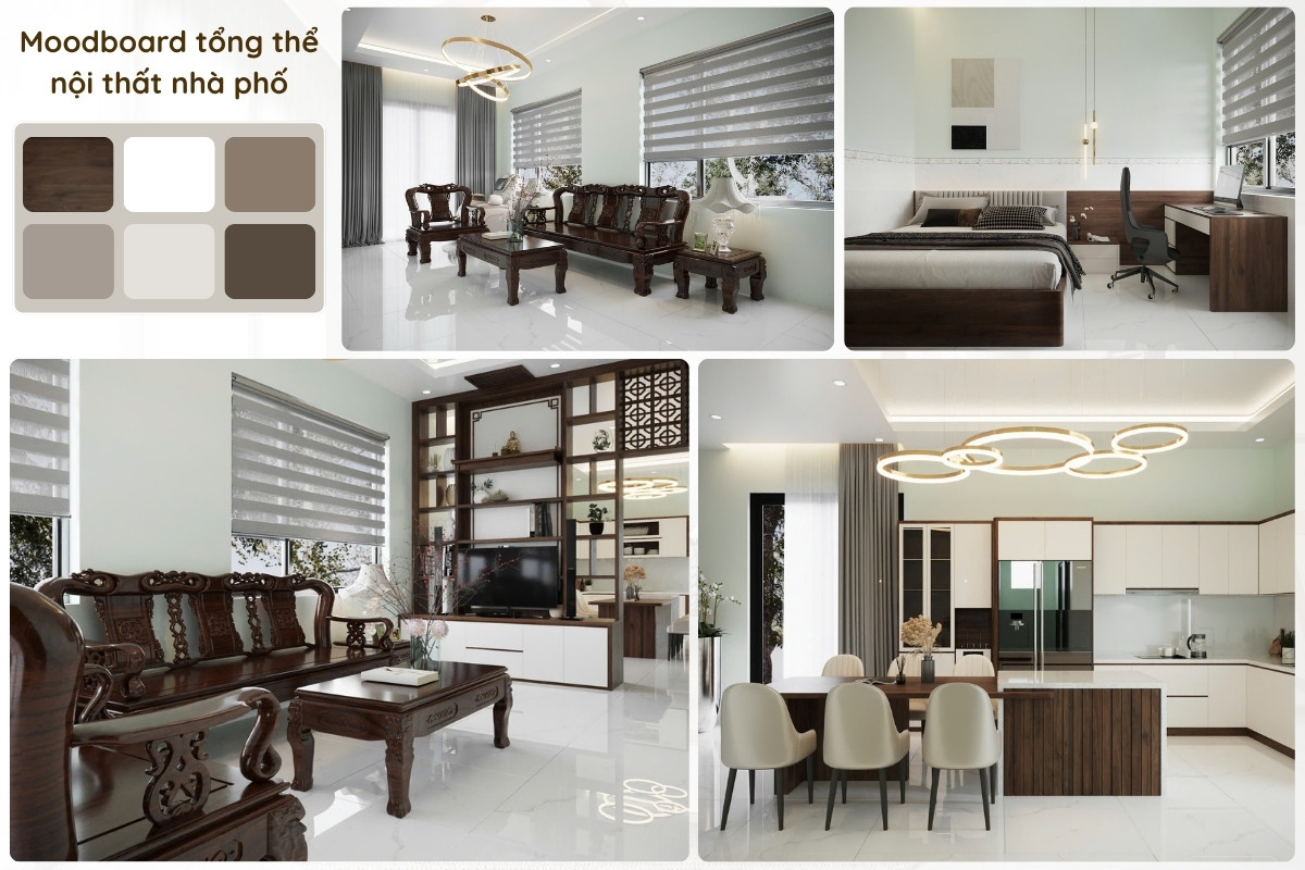 Moodboard chủ đạo nhà phố Đắk Lắk 168m2 sử dụng gam màu trung tính kết hợp gỗ trầm làm chủ đạo, giúp không gian trở nên sang trọng và gần gũi