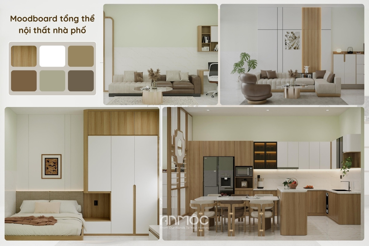 Moodboard trong thiết kế nội thất nhà phố Hóc Môn 80m2 định hình phong cách với bảng màu trung tính và vật liệu gỗ ấm