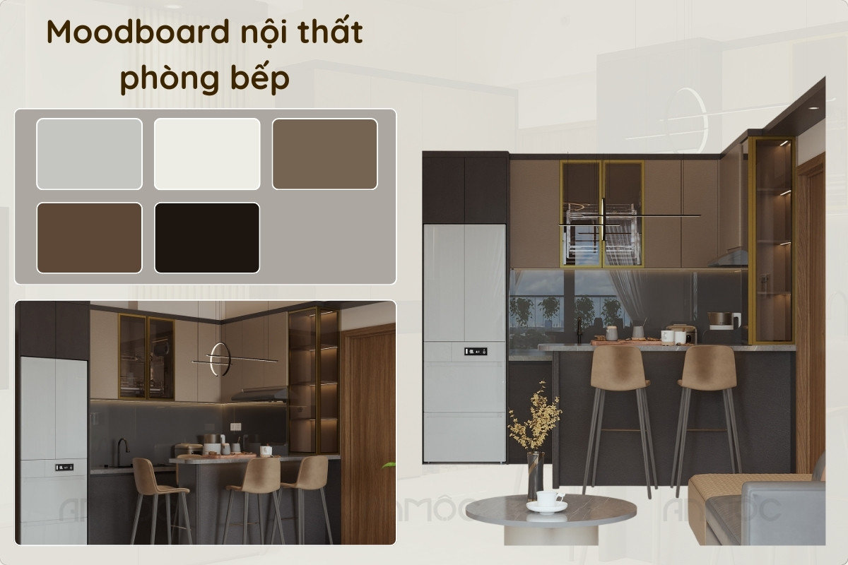 Moodboard nội thất phòng bếp chung cư Swanbay với bảng màu hiện đại và thanh lịch