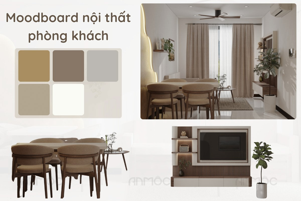 Moodboard nội thất phòng khách căn hộ Skyview với tông màu be, nâu gỗ tinh tế