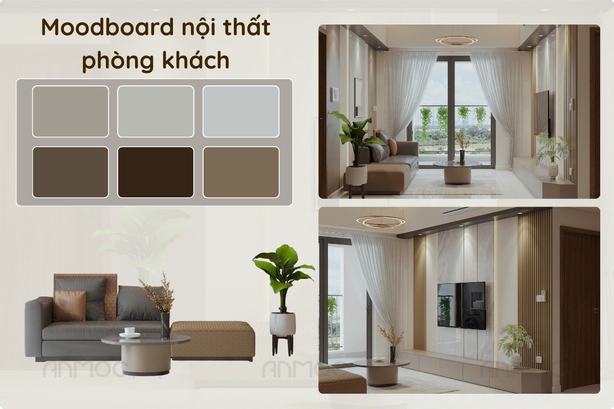 Moodboard nội thất phòng khách căn hộ chung cư Swanbay 52m2 với bảng màu trung tính độc đáo, không lỗi thời