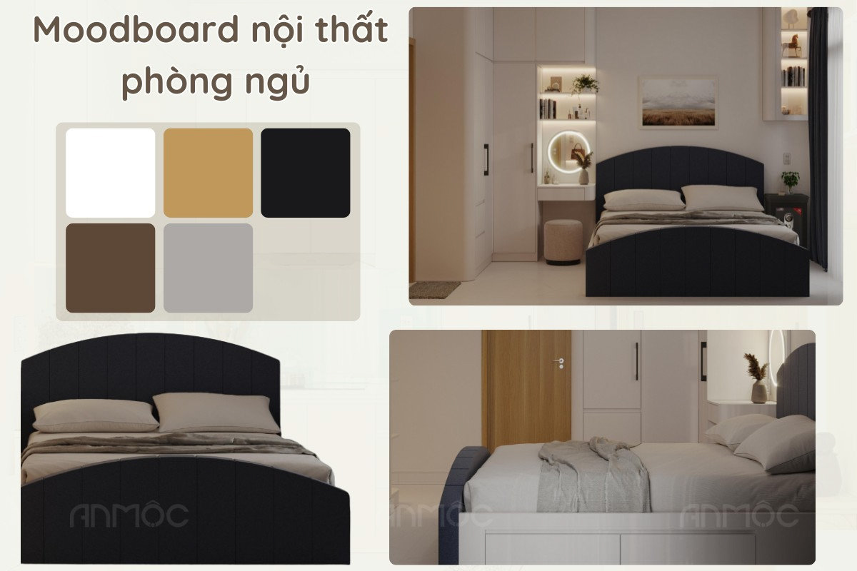 Moodboard nội thất phòng ngủ chung cư Asiana Capella với bảng màu nhẹ nhàng, ấm áp và thư giãn