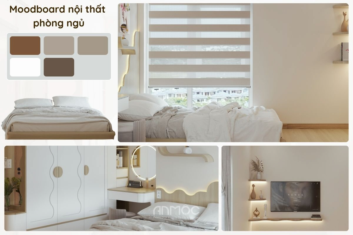 Moodboard nội thất phòng ngủ chung cư Xi Grand 10m2 anh Hoàng với bảng màu trung tính, ấm
