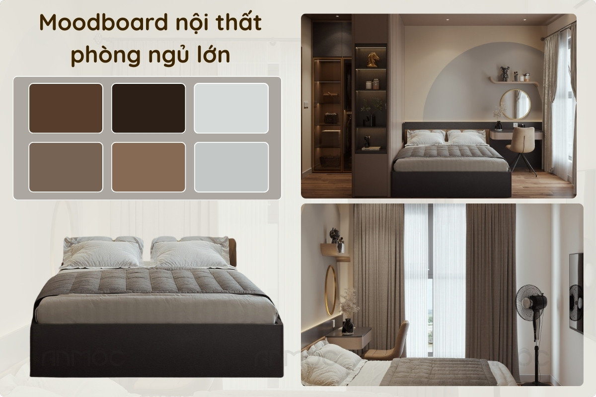 Moodboard nội thất phòng ngủ master căn hộ chung cư Swanbay với các tông màu ấm, nhẹ nhàng