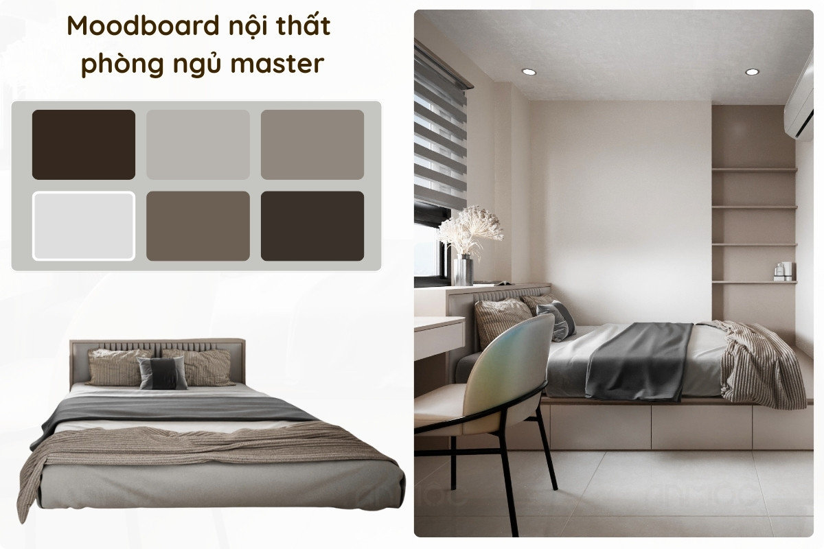 Moodboard nội thất phòng ngủ master với bảng màu trung tính