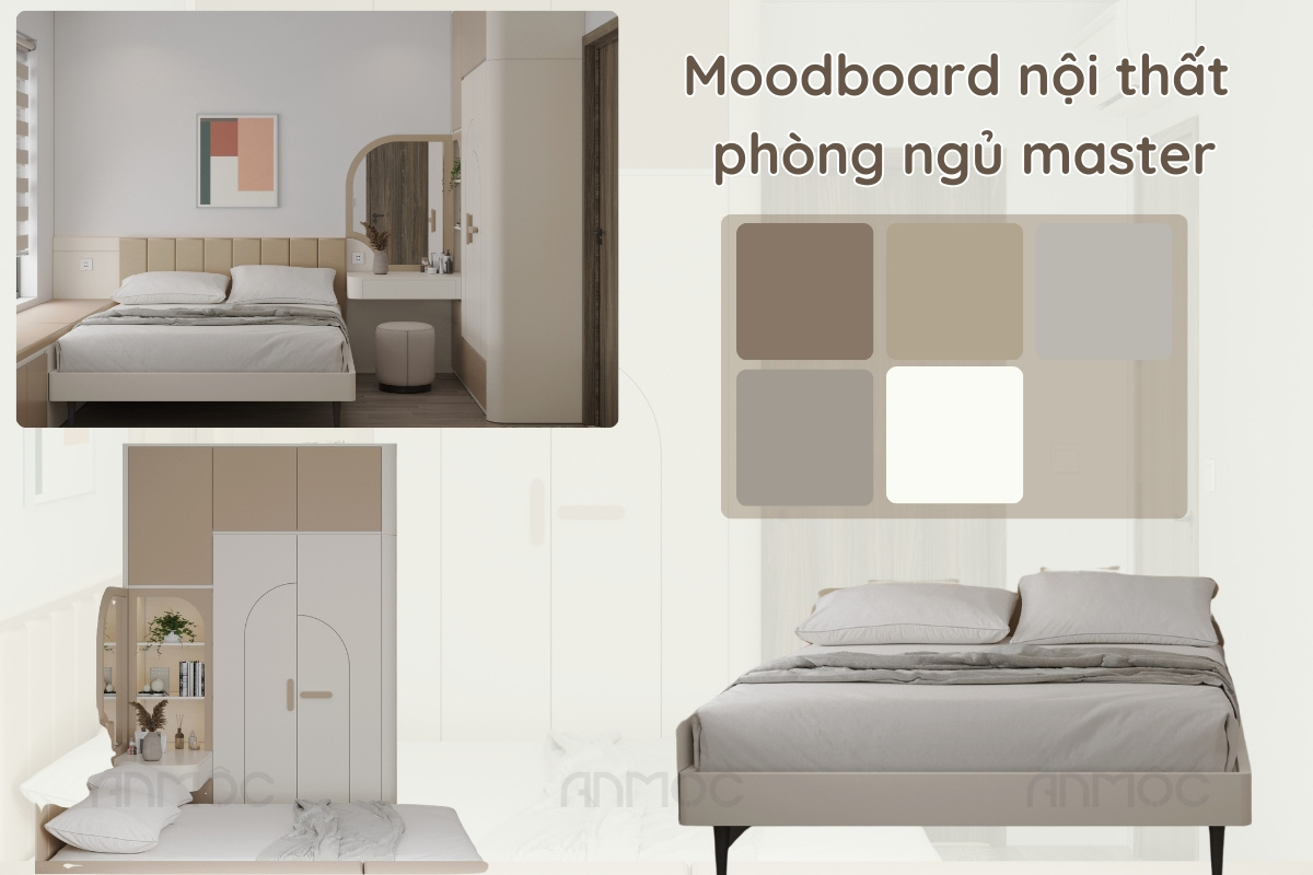 Moodboard phòng ngủ master, kiến tạo không gian nghỉ ngơi thư giãn và tinh tế thông qua bảng màu trung tính kết hợp với hệ nội thất thông minh được thiết kế riêng.