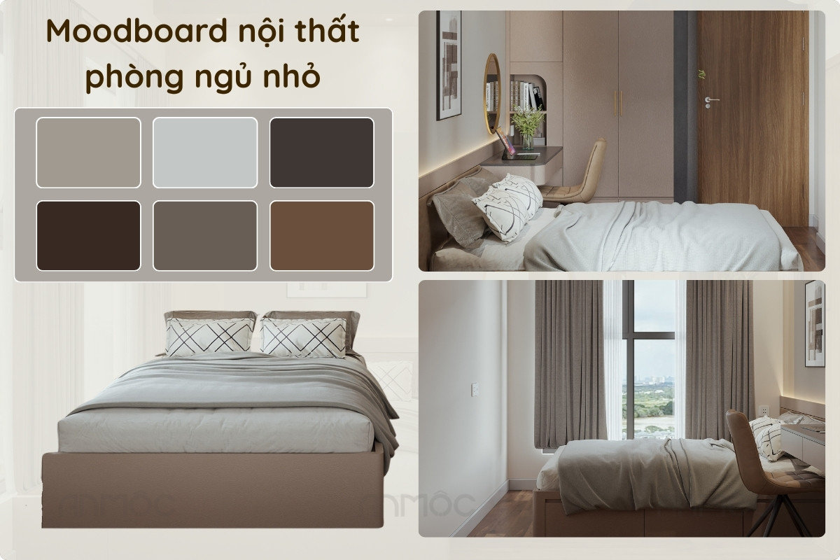 Moodboard nội thất phòng ngủ nhỏ của căn hộ Swanbay với các tông màu dịu nhẹ