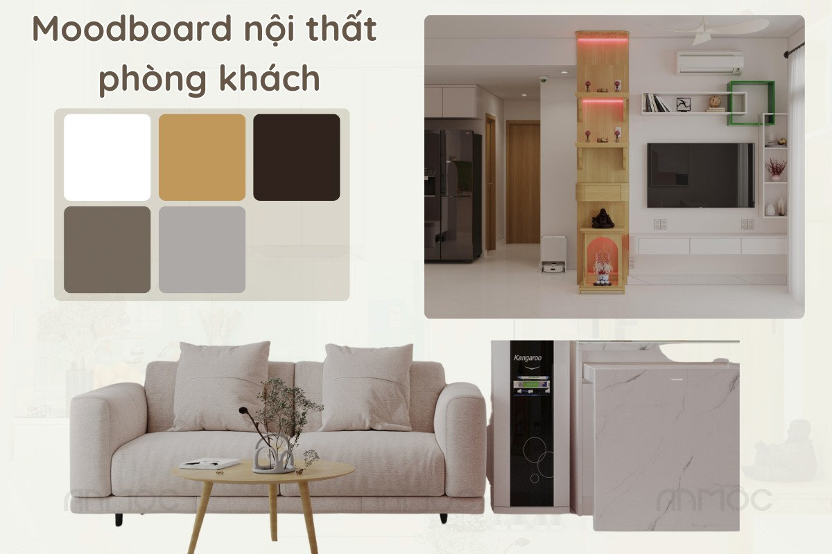 Moodboard phòng khách chung cư Asiana Capella với bảng màu hiện đại và thanh lịch