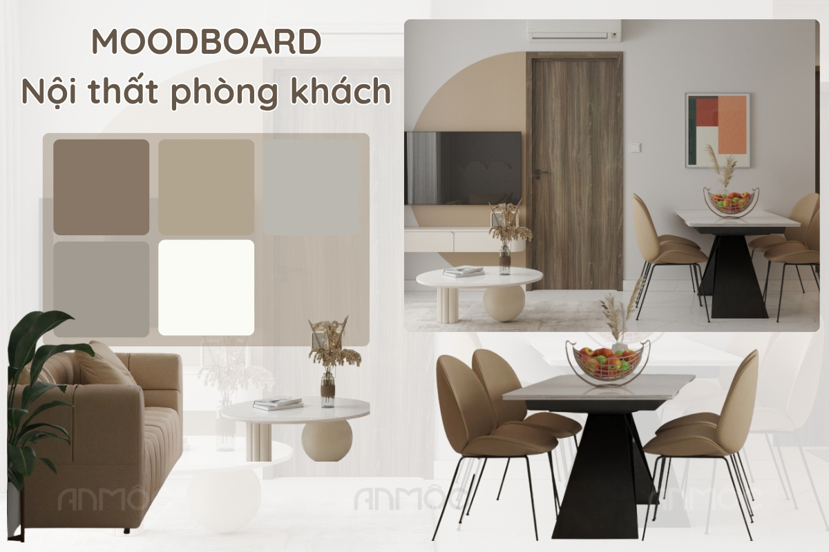 Moodboard định hình phong cách phòng khách hiện đại, thể hiện sự hòa quyện giữa bảng màu trung tính ấm áp, vật liệu và nội thất tinh gọn