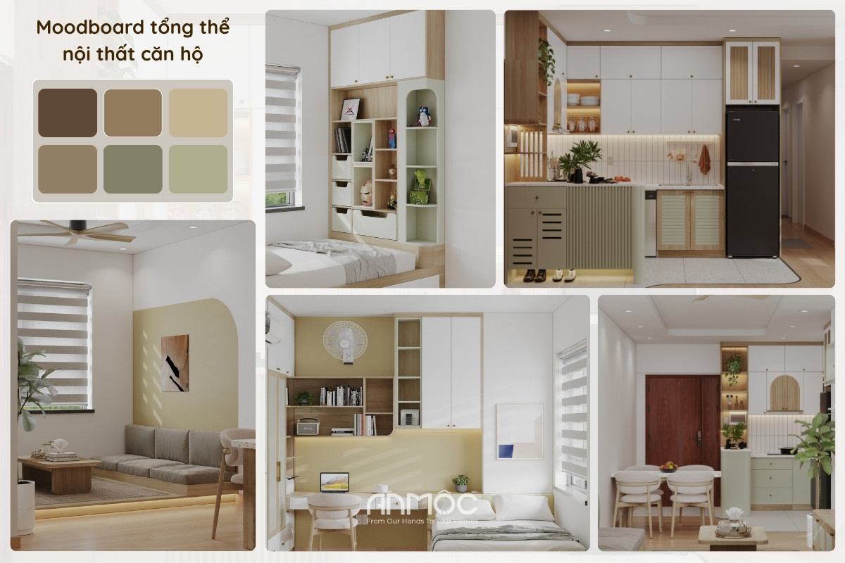 Moodboard tổng thể nội thất căn hộ Topaz Home 67m2 với bảng màu ấm áp nhẹ nhàng, định hình phong cách hiện đại, tinh tế_An Mộc