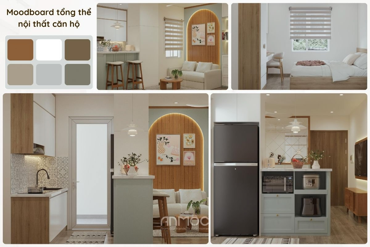 Moodboard tông thể nôi thất căn hộ chung cư Bộ Công An 44m2 với tông màu ấm