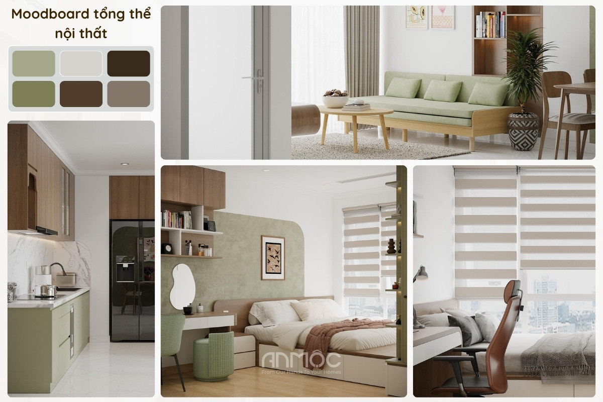 Moodboard tổng thể nội thất chung cư 83m2 với tông màu hiện đại và mát mẻ