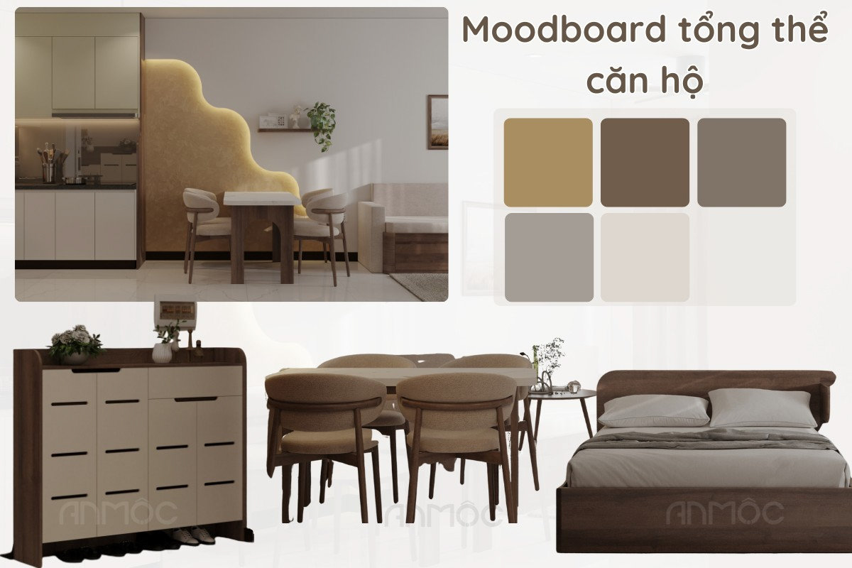 Moodboard tổng thể thiết kế nội thất căn hộ Skyview với bảng màu trung tính, phong cách hiện đại tinh tế