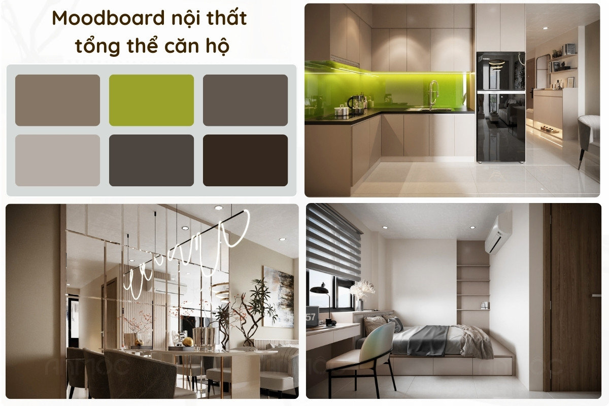 Moodboard tổng thể thiết kế nội thất chung cư Greenfield 68m2 với bảng màu hiện đại, tươi sáng