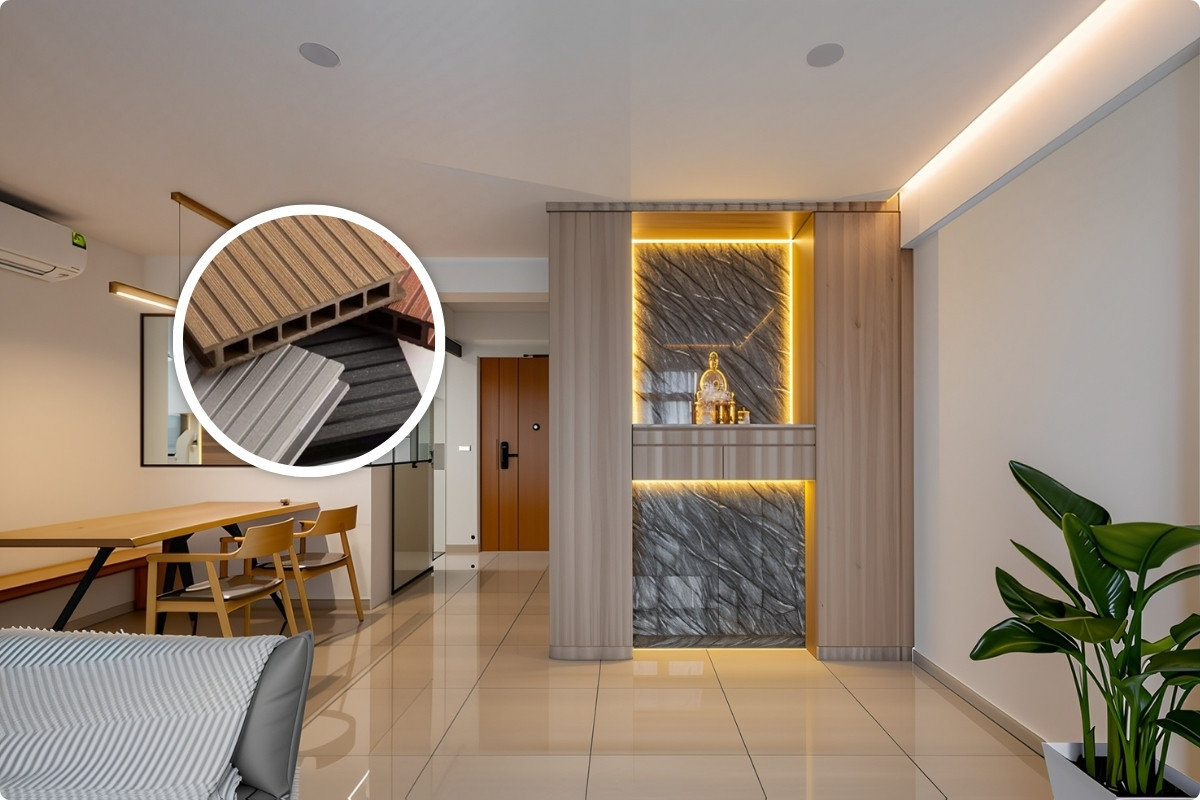 Nhựa giả gỗ với vân gỗ đẹp, giải pháp thay thế gỗ tự nhiên trong thiết kế phòng thờ