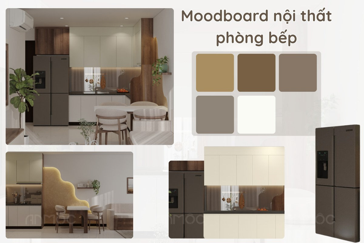 Nội thất phòng bếp được thiết kế với moodboard hài hoà, đồng bộ với phòng khách