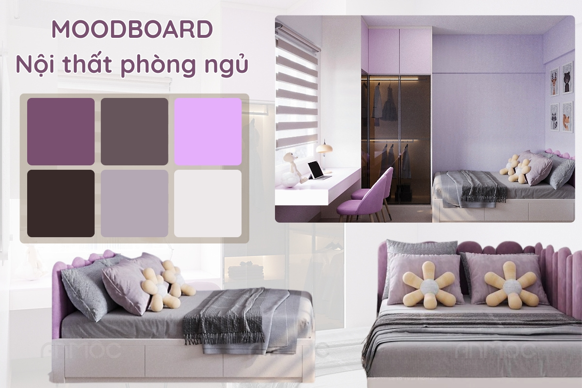 Phối cảnh 3D và moodboard thiết kế nội thất phòng ngủ cho bé tại chung cư Dreamhome 1