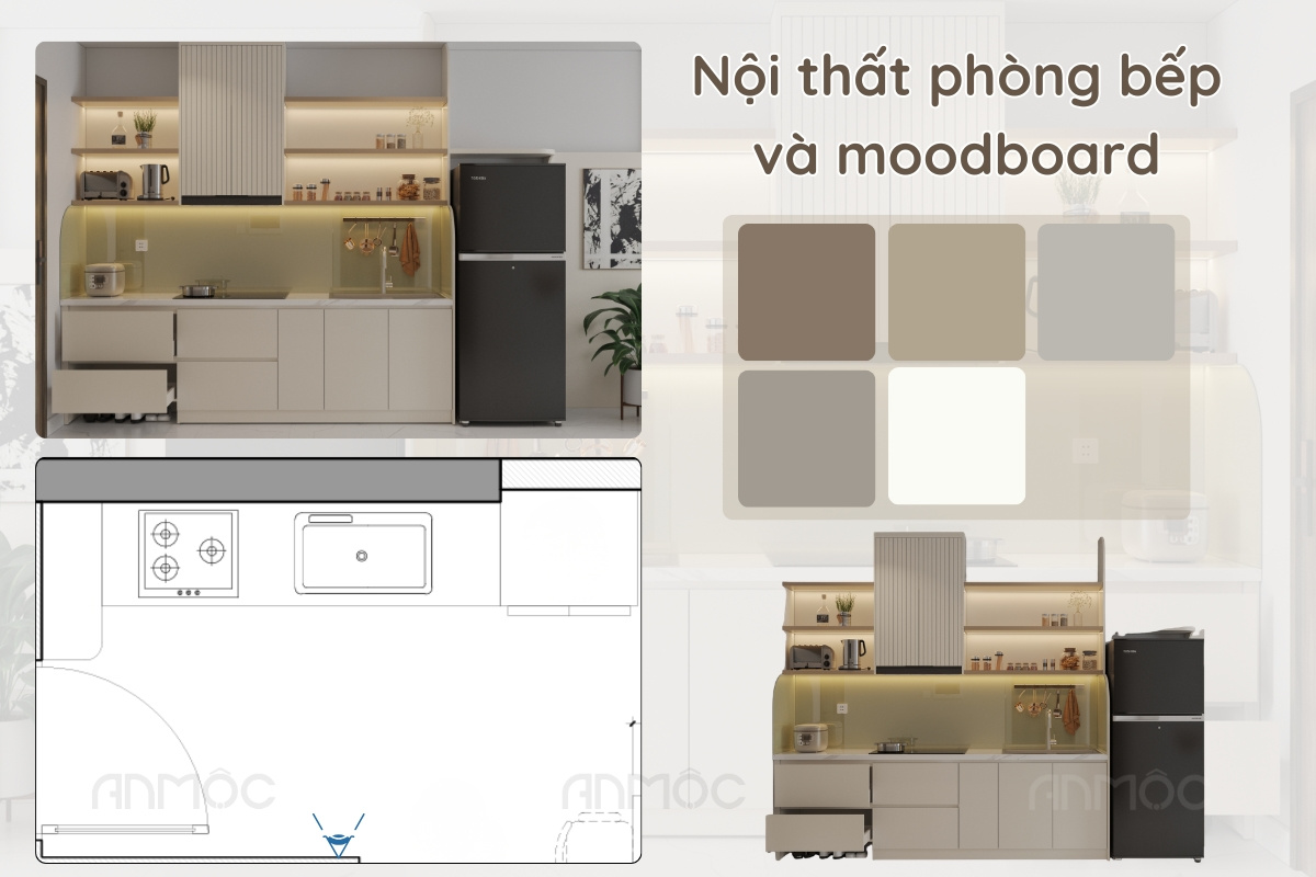 Giải pháp thiết kế toàn diện cho bếp chữ I nhỏ gọn, thể hiện qua phối cảnh 3D, mặt bằng công năng và moodboard màu sắc đồng nhất, tạo nên không gian nấu nướng hiện đại và tiện nghi.