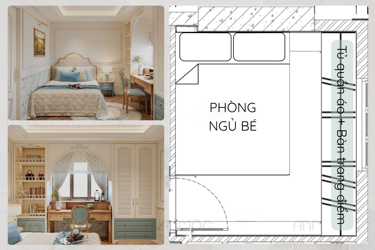 Thiết kế phòng ngủ cho bé được thể hiện qua bản vẽ bố trí mặt bằng và hai góc nhìn 3D. Không gian bao gồm giường ngủ trong hốc tường, tủ quần áo và bàn học liền kề.