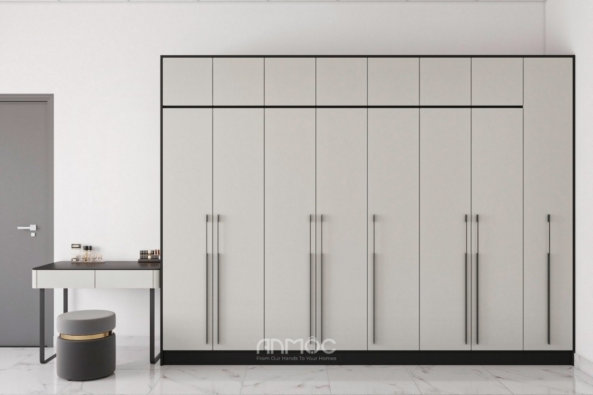 Tủ quần áo màu xám trắng hiện đại với đường viền đen nổi bật, tay nắm dài màu đen