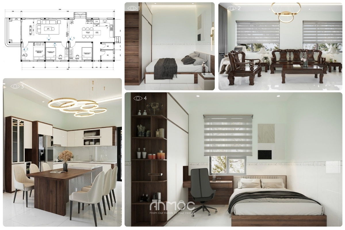 Phối cảnh tổng thể thiết kế nội thất nhà phố Đắk Lắk mang phong cách hiện đại, chú trọng sự tiện nghi và tối ưu công năng