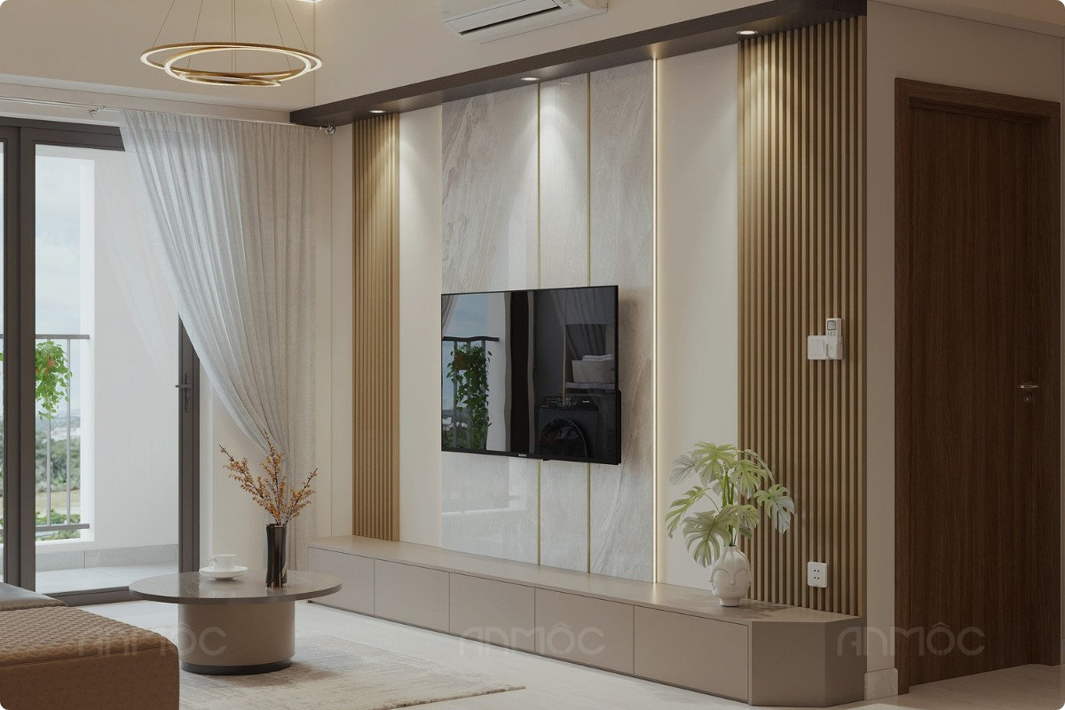 Góc nhìn từ khu vực bàn ăn ra phòng khách chung cư Swanbay 52m2