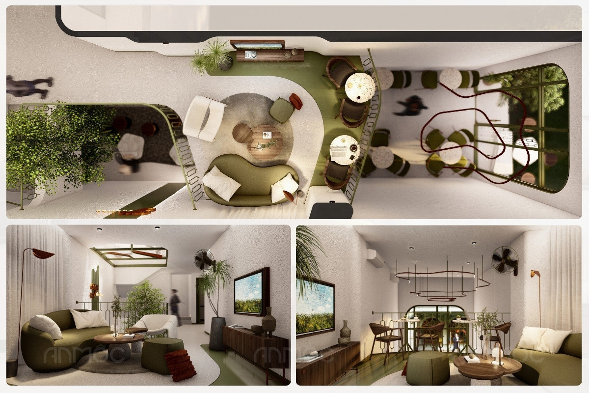 Phòng khách với bố cục mềm mại cùng sắc xanh olive làm điểm nhấn tinh tế