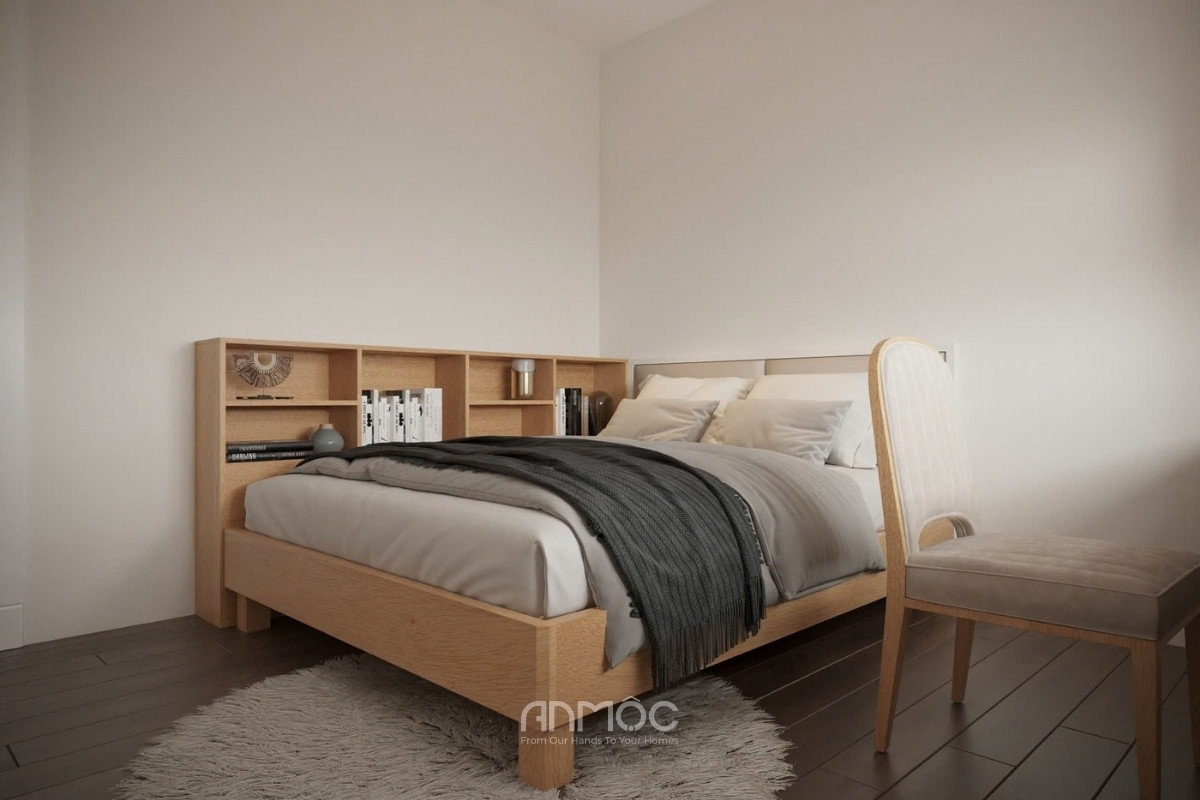 Phòng ngủ 1 tối giản với giường gỗ sáng màu